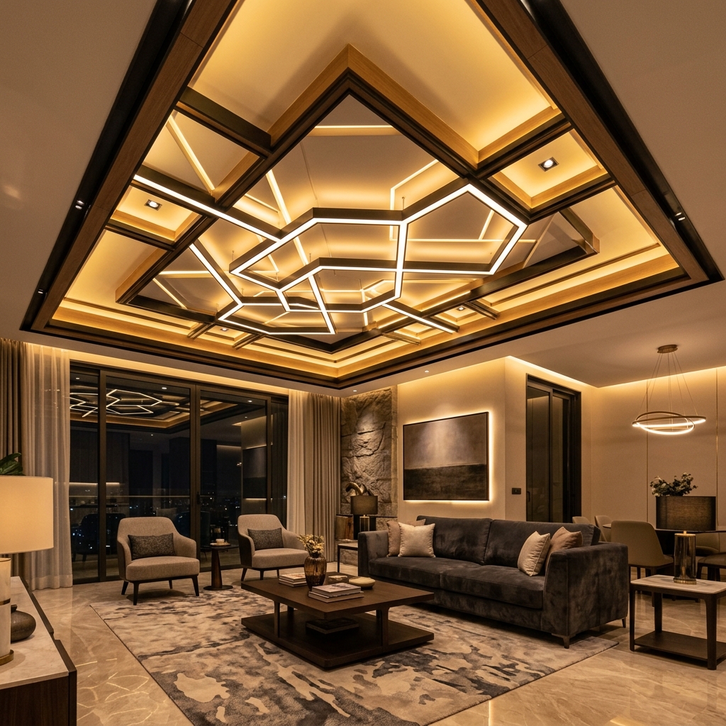Modern False Ceiling work with geometric details and warm LED glow