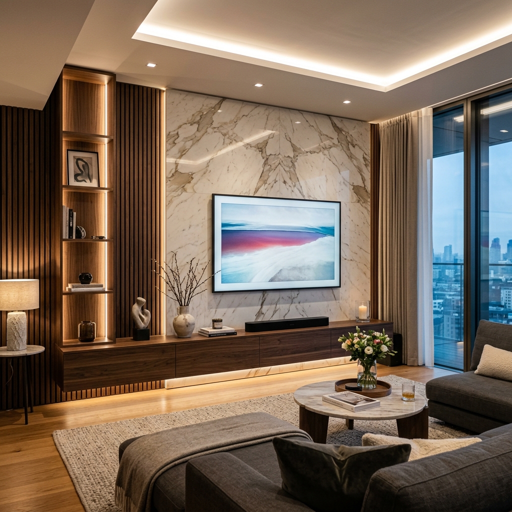 Living room TV unit with wooden panels and backlighting