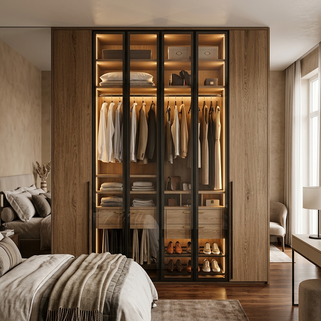 Space-saving modular wardrobe with glass doors and internal lighting
