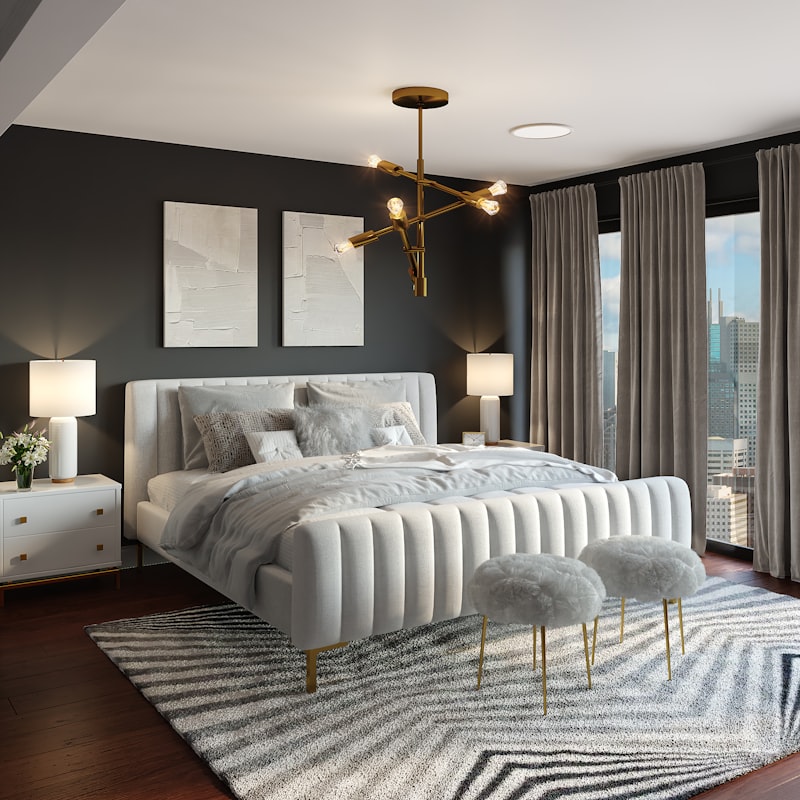 Premium master bedroom design with gold highlights and cozy layout