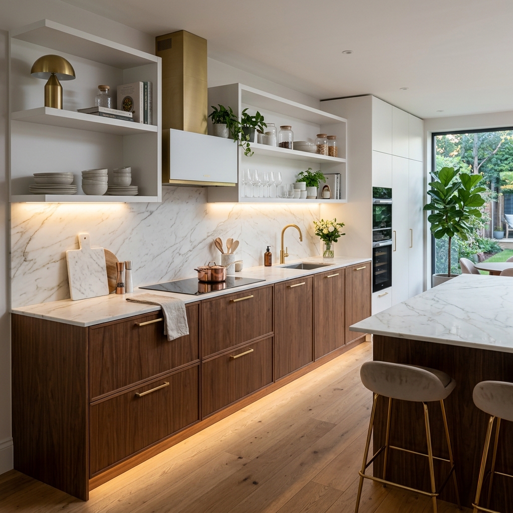 Elegant modular kitchen with modern countertops and high-end wooden drawers