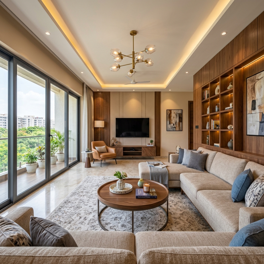Modern Living Room Interior featuring warm tones and modular paneling