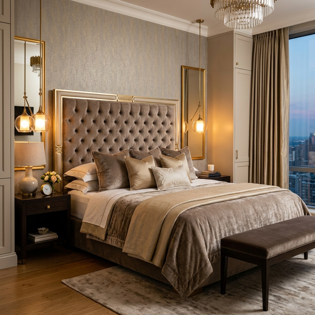 Premium Bedroom Interior featuring warm lighting and velvet headboard