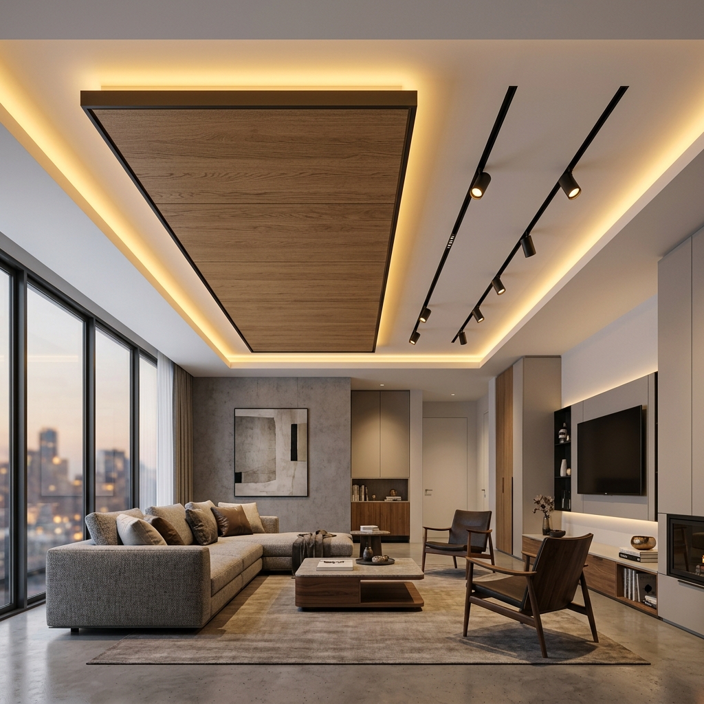 False Ceiling with Warm Lighting and sleek magnetic tracks