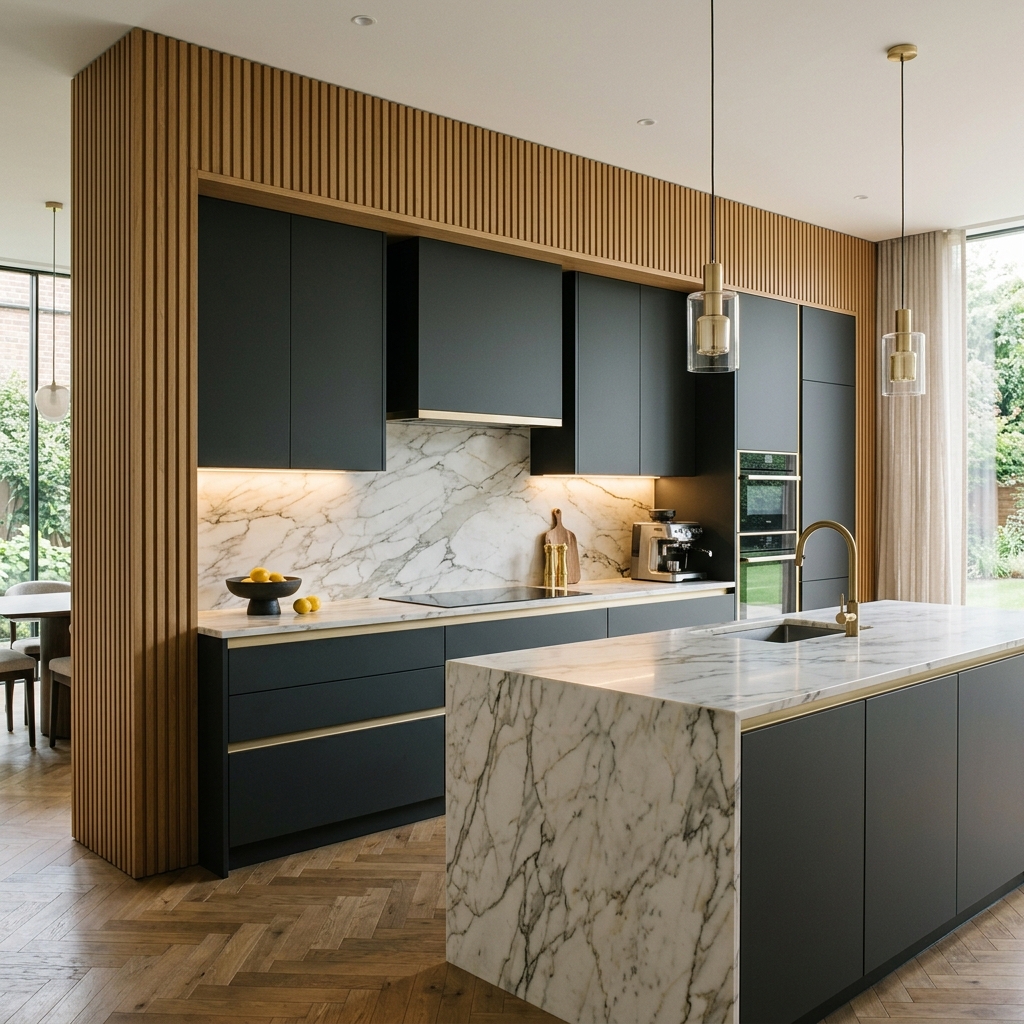Modern Modular Kitchen with dark charcoal cabinets and marble top
