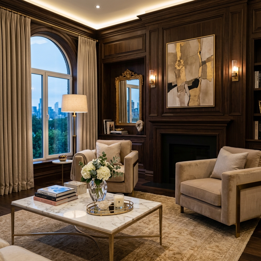 Elegant Living Room Design with custom warm lighting and beige marble