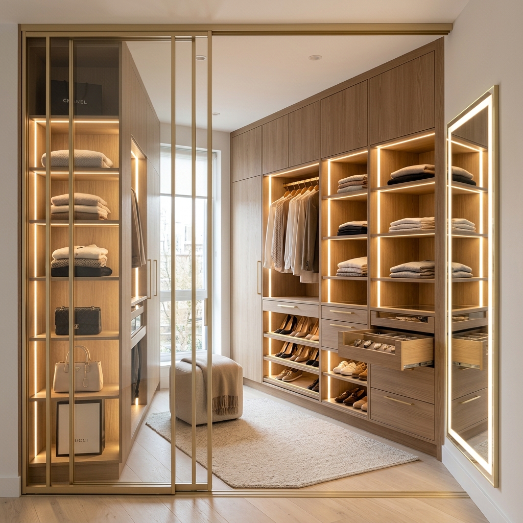 Space-Saving Wardrobe Design with integrated warm LED profiles
